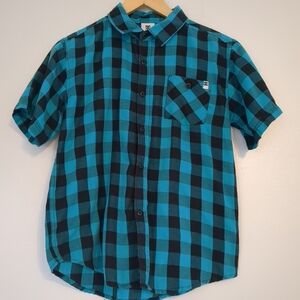 DC Plaid Button-Up Shirt Youth Boys 10/12 Medium Blue Plaid Skater Surfer Casual